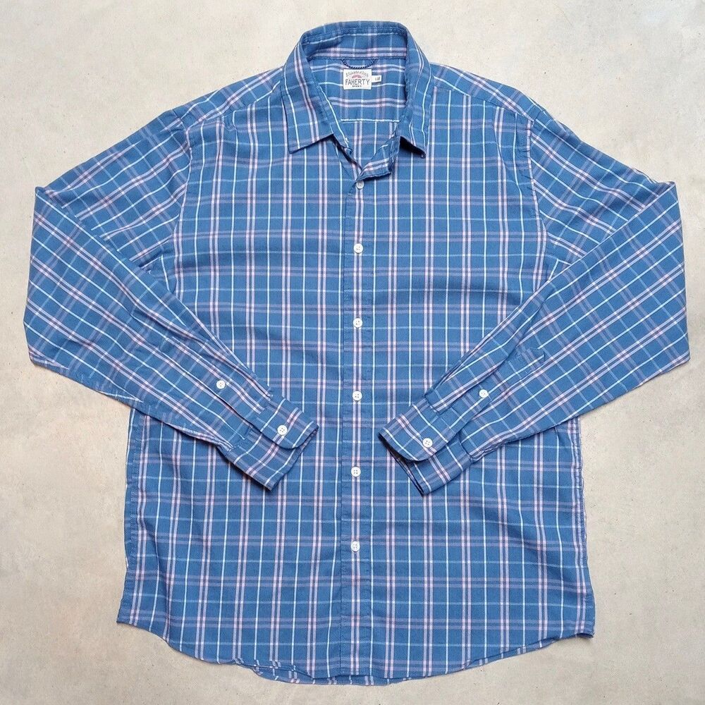 Faherty Movement Shirt Mens LARGE Blue Pink Plaid Supima Cotton Nylon Stretch